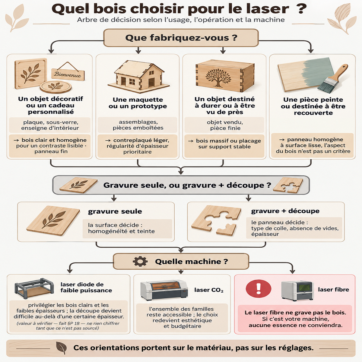 Arbre de décision orientant vers une famille de panneau et un ordre de grandeur d'épaisseur selon le type de projet, la présence ou non d'une découpe et le type de machine laser utilisée