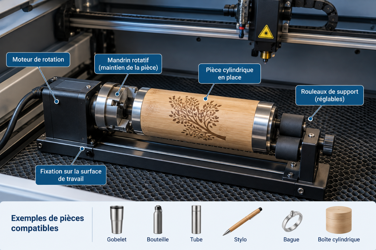 Axe rotatif installé dans une machine de gravure laser, avec une pièce cylindrique maintenue entre le mandrin et les rouleaux de support
