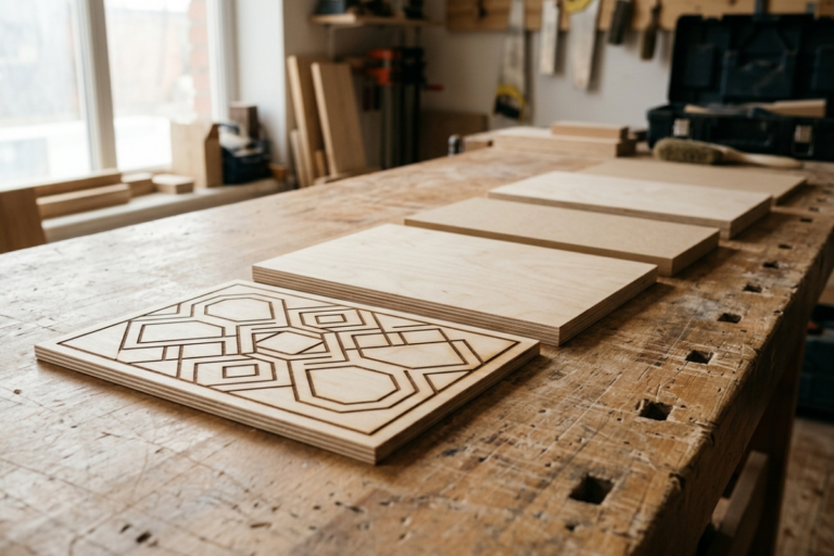 Plaques fines de contreplaqué posées sur un établi d'atelier, plis visibles sur la tranche, dont une porte un motif géométrique gravé au laser en brun foncé
