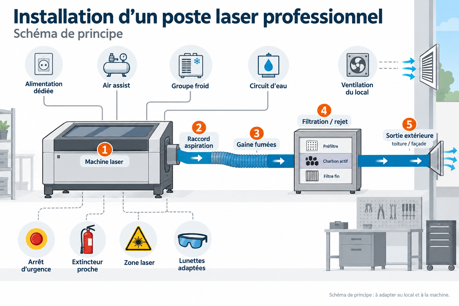 Schéma d'installation d'une machine laser professionnelle en atelier : extraction des fumées, filtration, alimentation, air comprimé, refroidissement et éléments de sécurité