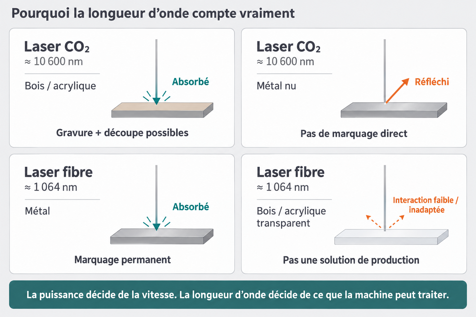 Schéma comparant l'absorption du laser CO2 à 10 600 nm et du laser fibre à 1 064 nm selon le matériau traité