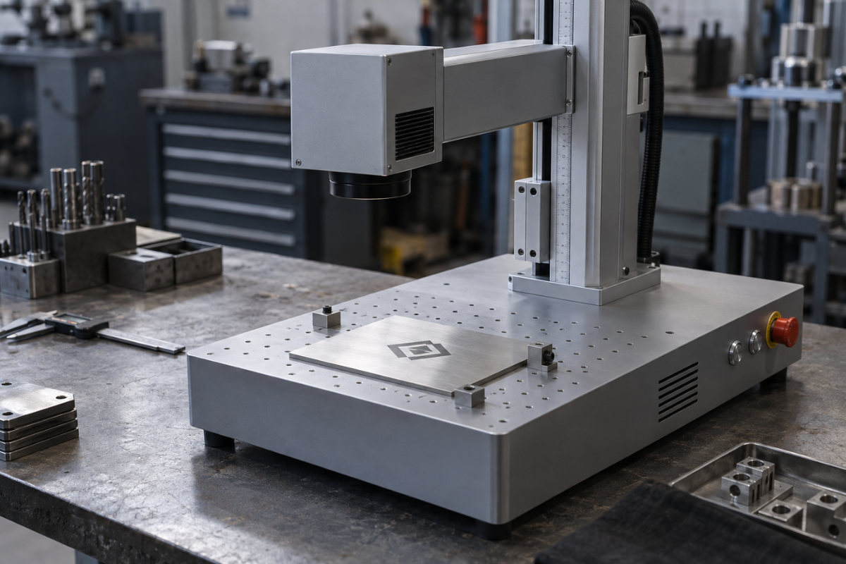 Machine de marquage laser à fibre de bureau, tête galvanométrique dirigée vers une plaque d'acier inoxydable portant un marquage gris foncé, sur un plan de travail d'atelier