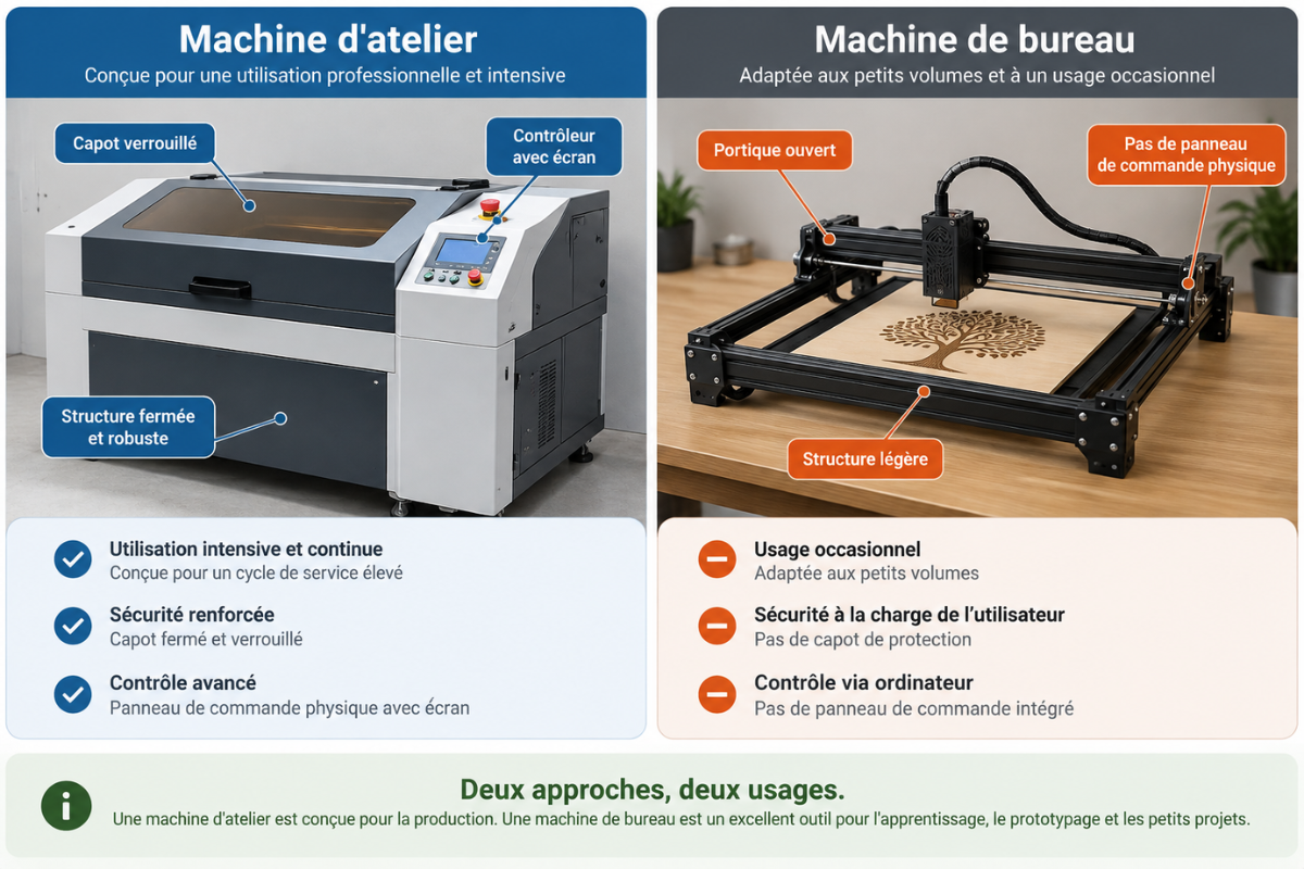 Comparaison annotée entre une machine laser d'atelier à capot fermé et un graveur laser de bureau à portique ouvert