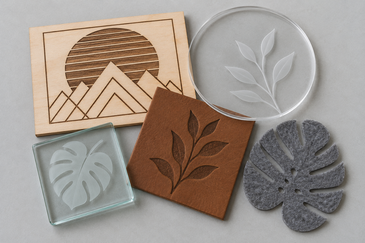 Échantillons gravés et découpés au laser CO2 : contreplaqué à motif géométrique, disque d’acrylique transparent, cuir brun, verre dépoli et feutrine grise découpée