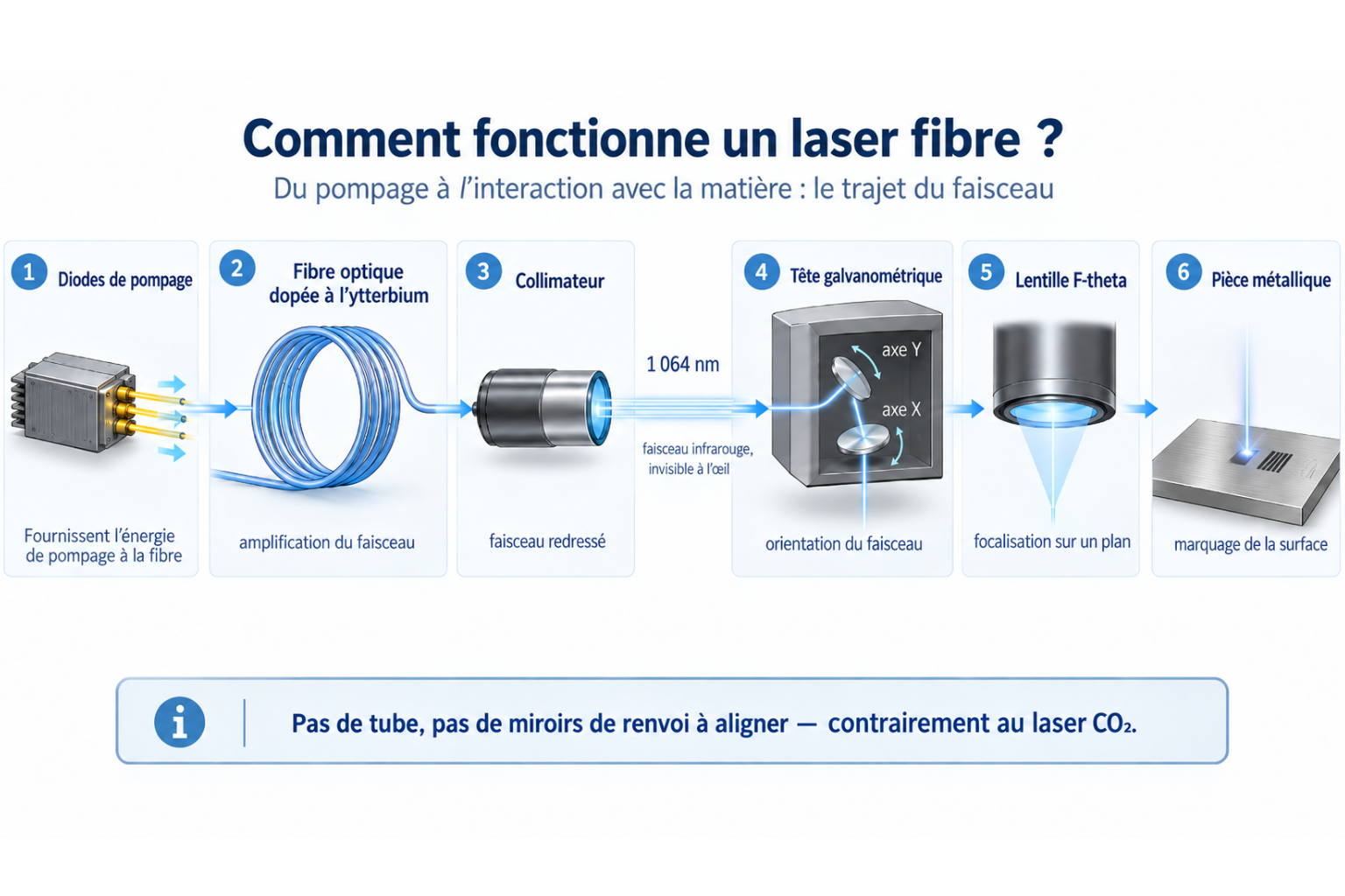 Schéma du trajet du faisceau dans une machine laser fibre : diodes de pompage, fibre dopée à l'ytterbium, collimateur, tête galvanométrique à deux miroirs et lentille F-theta focalisant le faisceau sur une pièce métallique